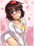  bespectacled blush bottomless breasts brown_hair cleavage collarbone dress_shirt food glasses grin hat heart large_breasts leaf-pattern_stripe looking_at_viewer mouth_hold naked_shirt pocky pointy_ears red_eyes shameimaru_aya shirt smile solo taketora_suzume tokin_hat touhou 
