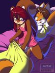 anthro bed big_breasts blush breasts brown_hair canine clothing duo female fox green_eyes hair kloudmutt lesbian licking lip_lick long_hair lying mammal nightwear nighty red_hair rodent squirrel tongue tongue_out young 