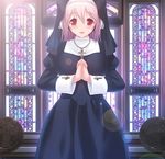  breasts cross cross_necklace habit hands_clasped headphones jewelry large_breasts necklace nitroplus nun own_hands_together pink_hair red_eyes smile solo stained_glass super_sonico v-mag 