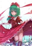  boots bow cherry_blossoms cross-laced_footwear dress dress_lift front_ponytail green_eyes green_hair hair_bow hair_ribbon highres kagiyama_hina lace-up_boots lif long_hair open_mouth ribbon solo thighs touhou wrist_cuffs 