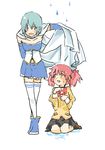  arm_behind_back armband bad_id bad_pixiv_id blue_eyes blue_hair cape cape_lift hair_ribbon kaname_madoka magical_girl mahou_shoujo_madoka_magica miki_sayaka multiple_girls outstretched_arm pink_eyes pink_hair rain ribbon school_uniform shared_cape shared_clothes short_hair short_twintails silphy112 sitting standing tears thighhighs twintails zettai_ryouiki 