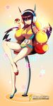  1girl black_hair blue_eyes fur_coat gym_leader headphones kamitsure_(pokemon) nintendo pokemon pokemon_(game) pokemon_bw2 shorts vivivoovoo 