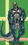  abs anthro balls biceps big big_balls big_muscles big_penis black_penis blue_skin bondage_gear claws collar cuffs dragon erection green_dragon hair handcuffs horn looking_at_viewer male muscles nude padlock pecs penis pose presenting reclamon red_hair scales scalie shackles sheath solo standing surasshu toe_claws toned western western_dragon white_skin yellow_eyes 