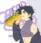  black_hair blue_eyes finger_to_mouth jojo_no_kimyou_na_bouken joseph_joestar_(young) licking_lips lowres male_focus midriff morphin_e off_shoulder salad solo tongue tongue_out 