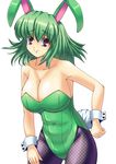  animal_ears bow bowtie breasts bunny_ears bunny_girl bunny_tail bunnysuit cleavage easily fishnet_pantyhose fishnets green_eyes green_leotard highres kazami_yuuka large_breasts leotard pantyhose purple_eyes short_hair smile solo tail touhou 