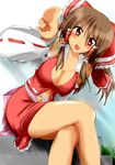  alkali-water bad_id bad_pixiv_id bare_shoulders blush breasts brown_hair cleavage detached_sleeves foreshortening hair_ribbon hakurei_reimu large_breasts pointing pointing_at_viewer red_eyes ribbon shiny shiny_skin solo touhou 