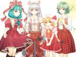  aqua_eyes aqua_hair ascot bow flandre_scarlet frills front_ponytail fujiwara_no_mokou grey_hair hair_bow hair_ornament hair_ribbon hands_in_pockets holding kagiyama_hina kazami_yuuka laevatein long_hair long_sleeves marydill multiple_girls open_clothes open_mouth open_vest plaid plaid_skirt red_eyes ribbon shirt short_hair short_sleeves side_ponytail skirt skirt_set smile suspenders touhou umbrella very_long_hair vest white_background wings 