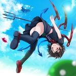  asymmetrical_wings black_hair black_legwear cloud day houjuu_nue looking_at_viewer polearm red_eyes short_hair sky smile solo sumeragi_seisuke thighhighs touhou trident ufo weapon wings 