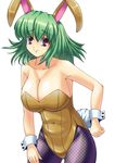  animal_ears bow bowtie breasts brown_leotard bunny_ears bunny_girl bunny_tail bunnysuit cleavage easily fishnet_pantyhose fishnets green_eyes highres kazami_yuuka large_breasts leotard pantyhose purple_eyes short_hair smile solo tail touhou 