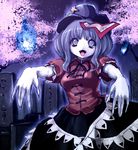  blue_eyes blue_hair blush breasts cherry_blossoms emudoru fangs grave graveyard hat hitodama jiangshi medium_breasts miyako_yoshika ofuda open_mouth outstretched_arms short_hair skirt star tombstone touhou zombie_pose 