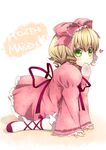  all_fours blonde_hair blush bow cross-laced_footwear curly_hair drill_hair food green_eyes hair_bow heart hina_ichigo kouji_(campus_life) mouth_hold pink_bow rozen_maiden solo 