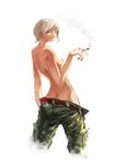  blonde_hair breasts butt_crack camouflage cigarette cigarette_box highres jittsu looking_back marlboro military military_uniform nipples original short_hair small_breasts smoking solo topless uniform unzipped yellow_eyes 
