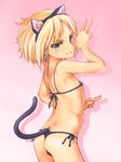  animal_ears antonia_(asobi_ni_iku_yo!) asobi_ni_iku_yo! ass bikini blonde_hair blue_eyes cat_ears looking_back short_hair smile solo swimsuit tail tanisi_(hosimade) thong_bikini v 