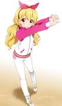  :o aikatsu! aikatsu!_(series) alternate_hairstyle blonde_hair hair_ribbon hairband hoshimiya_ichigo interlocked_fingers long_hair low_twintails mattaku_mousuke red_eyes ribbon shoes solo stretch sweatdrop track_suit twintails 