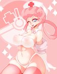  alternate_legwear blue_eyes breasts cleavage hair_rings hat highleg highleg_panties joy_(pokemon) large_breasts long_hair navel nurse nurse_cap off_shoulder one_eye_closed panties pink_hair pink_legwear pokemon pokemon_(anime) pokemon_(game) red_cross slugbox solo strapless thick_thighs thighhighs thighs tubetop underwear 