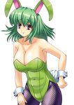  animal_ears bow bowtie breasts bunny_ears bunny_girl bunny_tail bunnysuit cleavage easily fishnet_pantyhose fishnets green_eyes green_leotard highres kazami_yuuka large_breasts leotard pantyhose purple_eyes short_hair smile solo tail touhou 