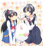  2girls ahoge bird black_hair blue_eyes blush brown_eyes dera_mochimazzui eating food hair_bobbles hair_ornament hattori_(junoct2000) hattori_masaki kitashirakawa_anko kitashirakawa_tamako long_hair low_twintails mochi mole multiple_girls ponytail ribbon school_uniform siblings side_ponytail sisters skirt standing tamako_market twintails wagashi 