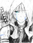  1boy assan_(mirage_noir) blue_eyes cape katana male male_focus mirage_noir monochrome rain sad solo sword weapon 