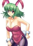  animal_ears bow bowtie breasts bunny_ears bunny_girl bunny_tail bunnysuit cleavage easily fishnet_pantyhose fishnets green_eyes highres kazami_yuuka large_breasts leotard pantyhose purple_eyes red_leotard short_hair smile solo tail touhou 