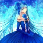  aqua_eyes aqua_hair bad_id bad_pixiv_id blue_flower blue_rose dress elbow_gloves flower frills gloves hair_flower hair_ornament hatsune_miku highres long_hair rose solo twintails very_long_hair vocaloid yukari_chiyo 