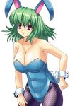  animal_ears blue_leotard bow bowtie breasts bunny_ears bunny_girl bunny_tail bunnysuit cleavage easily fishnet_pantyhose fishnets green_eyes highres kazami_yuuka large_breasts leotard pantyhose purple_eyes short_hair smile solo tail touhou 