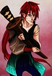  assan_(mirage_noir) blue_eyes japanese_clothes katana long_hair male male_focus mirage_noir red_hair sword weapon 