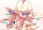  animal_ears blue_eyes blush bottomless breasts gen_6_pokemon medium_breasts nude one_eye_closed open_mouth personification pink_hair pokemon snowcanvas solo sylveon tail top-down_bottom-up 
