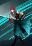  assan_(mirage_noir) blue_eyes fight fighting highres japanese_clothes katana long_hair male male_focus mirage_noir red_hair smirk sword weapon 