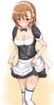  apron blush breasts brown_eyes brown_hair cleavage cuffs detached_collar maid_apron medium_breasts misaka_mikoto p-tana shiny shiny_skin short_hair solo standing thighhighs to_aru_kagaku_no_railgun to_aru_majutsu_no_index white_legwear 