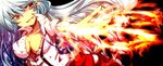  bow breasts cleavage fire fujiwara_no_mokou grin hair_bow large_breasts long_hair r-ko_(rayla) red_eyes smile solo suspenders torn_clothes touhou white_hair 