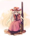  artist_request blonde_hair dress feathers flower full_body gloves gosick green_eyes hat hat_flower long_hair red_dress sitting solo source_request victorica_de_blois 