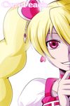  blonde_hair bloom character_name choker cure_peach fresh_precure! grin hair_ornament heart heart_hair_ornament highres long_hair magical_girl momozono_love nishi_koutarou out_of_frame pink_choker pink_eyes portrait precure simple_background smile solo white_background 