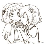  aki_minoriko aki_shizuha closed_eyes flower hair_flower hair_ornament hat holding_hands light_smile monochrome multiple_girls short_hair siblings simple_background siroooo sisters sketch touhou 