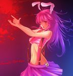  animal_ears bare_shoulders breasts bunny_ears long_hair medium_breasts navel no_shirt open_mouth purple_hair red_eyes reisen_udongein_inaba runo_(hachu) sarashi skirt solo suspenders touhou underboob 