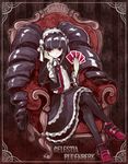  arm_support black_hair card celestia_ludenberck chair crossed_legs danganronpa danganronpa_1 dress drill_hair gothic_lolita grin hairband lolita_fashion lolita_hairband long_hair pantyhose playing_card red_eyes sitting smile solo tasuku_(bixbite) throne twin_drills twintails 