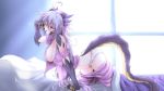  2018 animal_humanoid bed blush breasts butt clothing dragon_humanoid female g3_(artist) hair hi_res humanoid inside long_hair loose_shirt one_eye_closed open_mouth purple_hair purple_scales red_eyes scales solo underwear 
