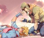  bad_id bad_pixiv_id blonde_hair blood blue_jacket bomber_hat brown_hair caesar_anthonio_zeppeli facial_mark fingerless_gloves gloves hat headband jacket jewelry jojo_no_kimyou_na_bouken joseph_joestar_(young) linjie multiple_boys ring scarf 