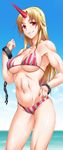  abs bare_shoulders bikini blonde_hair breasts byeontae_jagga chain covered_nipples cuffs day fingernails grin hand_on_hip horn hoshiguma_yuugi large_breasts long_hair looking_at_viewer muscle navel red_eyes shackles smile solo standing striped striped_bikini swimsuit touhou underboob 