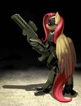  absurd_res anthro anthrofied armor dark_background equine eyewear female fluttershy_(mlp) friendship_is_magic futuristic goggles gun hair hi_res high_tech_armor horse mammal my_little_pony pegasus pink_hair pony ranged_weapon rifle solo standing vombavr weapon wings yellow_body 