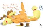  applejack_(mlp) blonde_hair blush cider cowboy_hat drunk english_text equine female feral freckles friendship_is_magic green_eyes hair half-closed_eyes hat horse mammal modernstormtrooper my_little_pony open_mouth panting pony pussy spread_legs spreading text 