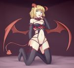  alternate_costume bare_shoulders black_legwear blonde_hair boots bridal_gauntlets choker demon_girl demon_horns demon_tail demon_wings elbow_gloves finger_licking gloves green_eyes harness horns isaki_(gomi) kneeling licking looking_at_viewer mizuhashi_parsee navel pointy_ears revealing_clothes short_hair solo succubus tail thigh_boots thighhighs tongue tongue_out touhou wings 