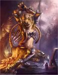  armor bubblewolf cheetah clothed clothing feline jewelry leopard looking_at_viewer male mammal necklace shield sitting skimpy solo whiskers 