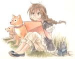  ayanashi_kunio braid brown_eyes brown_hair dog ga_geijutsuka_art_design_class glasses grass long_hair shiba_inu sitting sketchbook sketching smile traditional_media watercolor_(medium) yamaguchi_kisaragi 