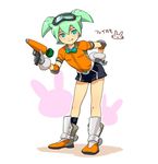  :q bent_over boots bow bowtie bunny bunny_tail carrot character_name fei_rune full_body gloves green_eyes green_hair gun inazuma_eleven_(series) inazuma_eleven_go inazuma_eleven_go_chrono_stone male_focus mizuhara_aki short_shorts shorts simple_background solo standing tail tongue tongue_out weapon white_background 