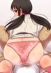  1boy 1girl ass barefoot black_hair blush clothed_male_nude_female clothed_sex embarrassed from_behind girl_on_top leg_grab looking_at_viewer looking_back low_twintails panties pink_panties polka_dot profile sinkaikiiro sitting sitting_on_face sitting_on_person skindentation sweat sweat_stain twintails underwear wetting 