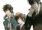  2boys black_hair brown_hair ginoza_nobuchika glasses hand_on_another's_head jacket kougami_shin'ya loose multiple_boys necktie psycho-pass short_hair simple_background tears tsunemori_akane unohana 