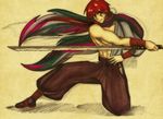  1boy assan_(mirage_noir) bandage japanese_clothes katana long_hair male male_focus mirage_noir muscle muscles noire_ighaan ponytail red_hair scarf solo sword visual_novel weapon wind 