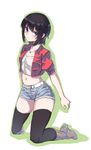  black_hair black_legwear blush boku_wa_tomodachi_ga_sukunai boots cropped_jacket cutoffs denim denim_shorts fangdan_runiu full_body jewelry kneeling looking_at_viewer midriff mikazuki_yozora navel necklace purple_eyes short_hair shorts simple_background solo thighhighs white_background 