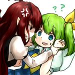  :d ? anger_vein black_eyes blue_eyes confused daiyousei eye_contact green_hair head_wings koakuma long_hair looking_at_another multiple_girls open_mouth red_hair shaded_face short_hair side_ponytail sideways_mouth siroooo smile touhou wrist_grab 