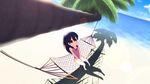  absurdres bad_id bad_pixiv_id beach black_hair casual_one-piece_swimsuit hair_bobbles hair_ornament hammock highres kitashirakawa_anko one-piece_swimsuit one_side_up palm_tree sandals solo swimsuit tamako_market thesdros tree yellow_eyes 